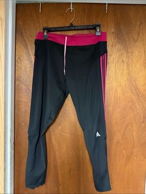 adidas Black Track Joggers with Pink Waistband and Side Stripes